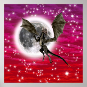 Zwarte Draak - Mythisch Fantasie Wezen Rode Lucht Poster