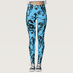 Zwarte draken patroon outline.b L Blauw BG Leggings