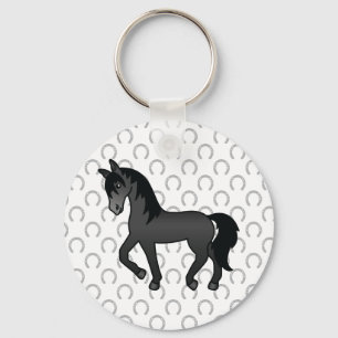 Zwarte Dravende Paard Lieve Cartoon Illustratie Sleutelhanger