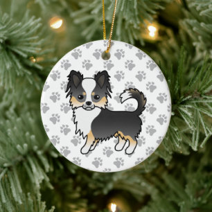 Zwarte driekleurige langharige Chihuahua-hond & po Keramisch Ornament