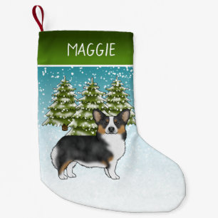Zwarte driekleurige Pembroke Corgi hond Winter Ker Kleine Kerstsok