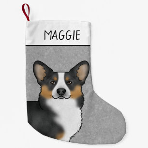 Zwarte driekleurige Pembroke Welsh Corgi kop en na Kleine Kerstsok