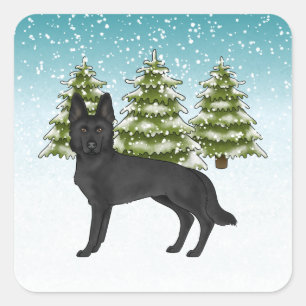 Zwarte Duitse Herdershond Blauwe Groene Winterbos Vierkante Sticker