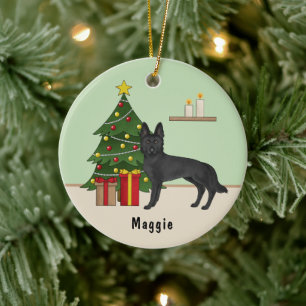 Zwarte Duitse Herdershond Feestelijke Kerstboom Keramisch Ornament
