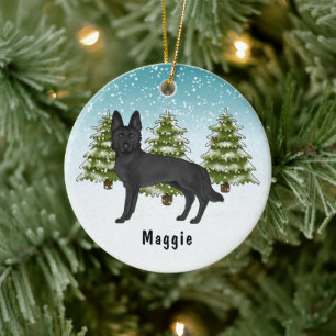 Zwarte Duitse Herdershond Kerst Winter Bos Keramisch Ornament