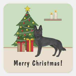 Zwarte Duitse Herdershond Kerstboom Aangepaste Tek Vierkante Sticker