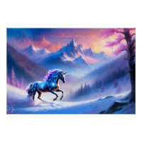 Zwarte eenhoorn in een dromerig winterlandschap