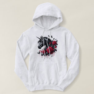 Zwarte Eenhoorn Omgeven Door Levendige Rode Rozen Hoodie