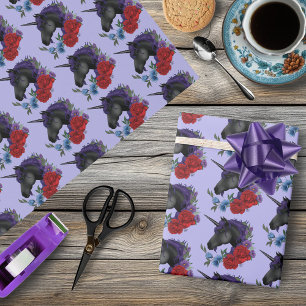 Zwarte Eenhoorn Paarse Middennacht Tuin Bloemen Cadeaupapier