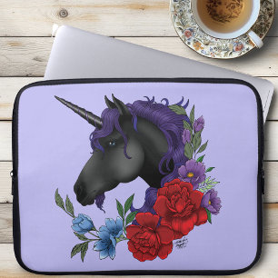 Zwarte Eenhoorn Paarse Middennacht Tuin Bloemen Laptop Sleeve