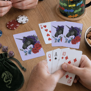 Zwarte Eenhoorn Paarse Middennacht Tuin Bloemen Pokerkaarten