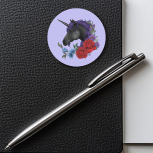 Zwarte Eenhoorn Paarse Middennacht Tuin Bloemen Ronde Sticker