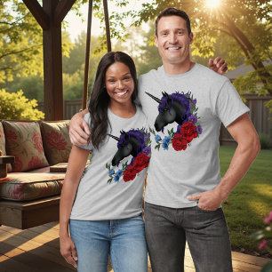 Zwarte Eenhoorn Paarse Middennacht Tuin Bloemen T-shirt