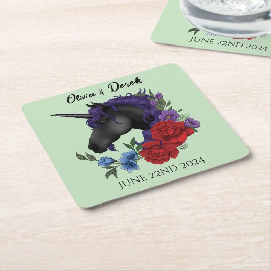 Zwarte eenhoorn Paarse rode salie bloemen Vierkante Kartonnen Onderzetter (Schuin)