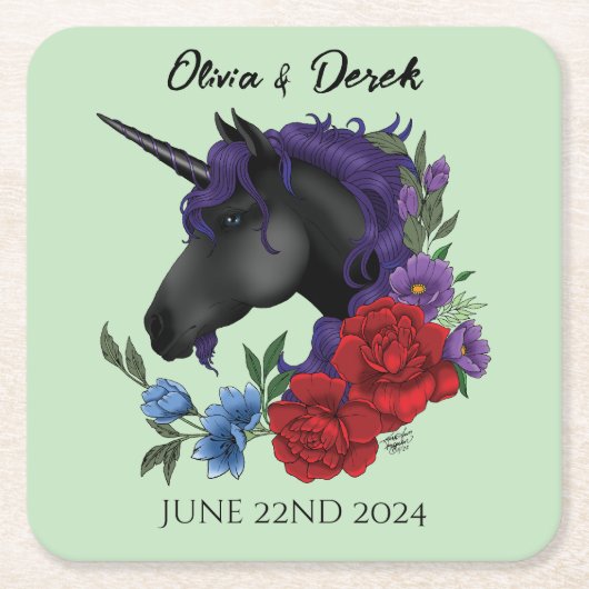 Zwarte eenhoorn Paarse rode salie bloemen Vierkante Kartonnen Onderzetter (Voorkant)