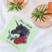 Zwarte eenhoorn Paarse rode salie bloemen Vierkante Kartonnen Onderzetter