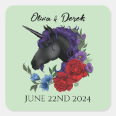 Zwarte eenhoorn Paarse rode salie bloemen Vierkante Sticker (Voorkant)