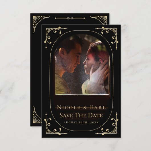 Zwarte Elegant deco Qr Code Foto opslaan Datum Save The Date (Voorkant / Achterkant)