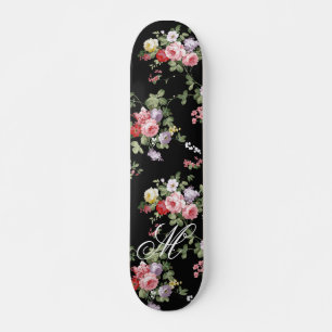  zwarte elegant roze botanische rozen floraal skateboard
