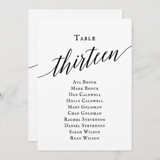 Zwarte Elegant Script Table Number 13 Seating Char Kaart (Voorkant / Achterkant)