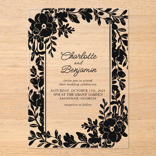 Zwarte Elegante Bloemrijke Rand Trouw Acryl Uitnodigingen (Voorkant)