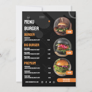 Zwarte Elegante Burger Restaurant Menu Uitnodiging