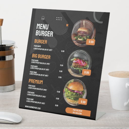 Zwarte Elegante Burger Restaurant Menu Uitnodiging Reclamebord Met Voetstuk (Insitu)