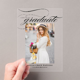 Zwarte Elegante Calligrafie Foto Afstuderen Acryl Uitnodigingen
