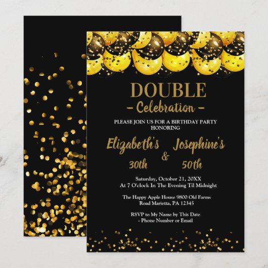 Zwarte elegante dubbele verjaardag Soiree uitnodig Kaart (Voorkant / Achterkant)