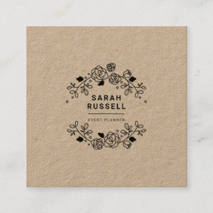 Zwarte elegante floral lijst kraft event planner vierkante visitekaartje