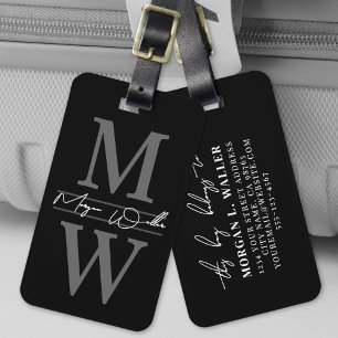 Zwarte Elegante Monogram Naam Bagagelabel