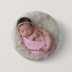 Zwarte Elegante Swash Handtekening Naam Foto Ronde Button 5,7 Cm