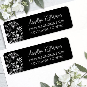 Zwarte Elegante Wilde Bloem Retouradres Etiket