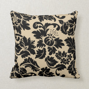 Zwarte en beige Floral Damaskers Kussen