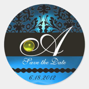 ZWARTE EN BLAUWE DAMASKMONOGRAM, geel Topaz Ronde Sticker