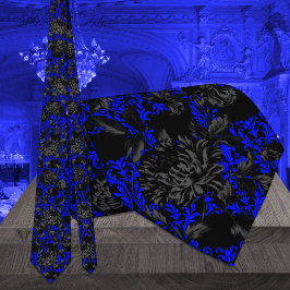 Zwarte en blauwe Floral Damask Gothic Wedding Stropdas