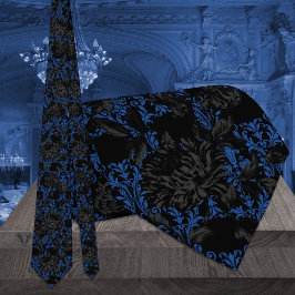 Zwarte en blauwe Floral Damask Gothic Wedding Stropdas