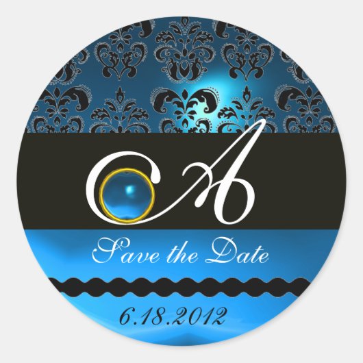 ZWARTE EN BLAUWE SAPPHIRE DAMASKMONOGRAM, RONDE STICKER (Voorkant)