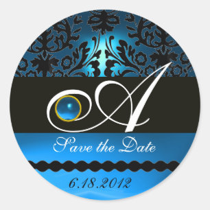 ZWARTE EN BLAUWE SAPPHIRE DAMASKMONOGRAM, RONDE STICKER