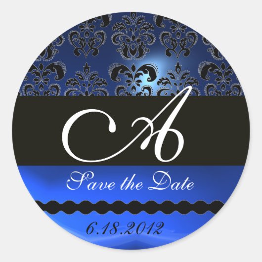 ZWARTE EN BLAUWE SAPPHIRE DAMASKMONOGRAM, RONDE STICKER (Voorkant)