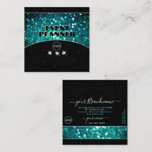 Zwarte en Blauwgroen mousserende glitter met Logo Vierkante Visitekaartje
