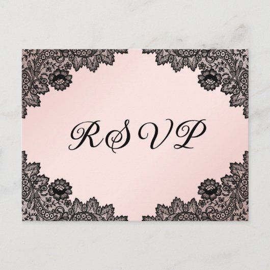 Zwarte en Blush Bloemen Kant Rustieke Huwelijk RSV Uitnodiging Briefkaart (Voorkant)