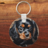 Zwarte en bruine Cavalier puppy Sleutelhanger (Voorkant)