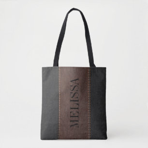 Zwarte en bruine lederen textuur met titels tote bag