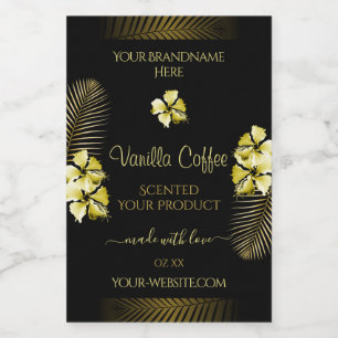 Zwarte en bruine productlabels Gold Hawaii Flowers Voedselcontainer Etiket