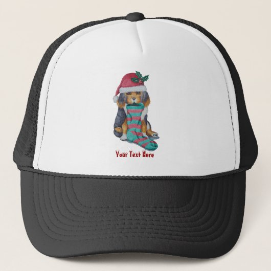 zwarte en bruine puppy met kerstmis trucker pet (Voorkant)