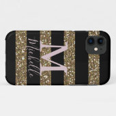 Zwarte en Faux Gold Glitter Stripes met monogram Case-Mate iPhone Case (Achterkant (horizontaal))