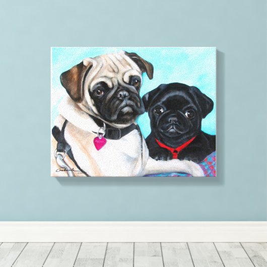 Zwarte en Fawn Pugs Canvas Afdruk (Insitu (Houten vloer))