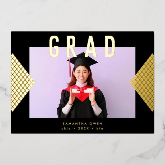 Zwarte en gele Geometrische Gold College Folie Uitnodiging (Voorkant)