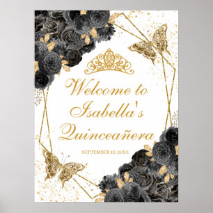 Zwarte en Gold Floral Quinceanera Welkomstteken Poster